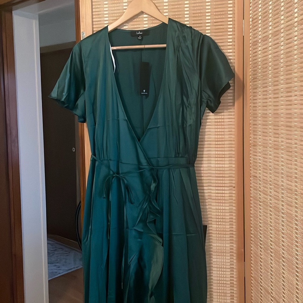 Love Of Your Life Dark Green Satin Ruffled Wrap Maxi Dress